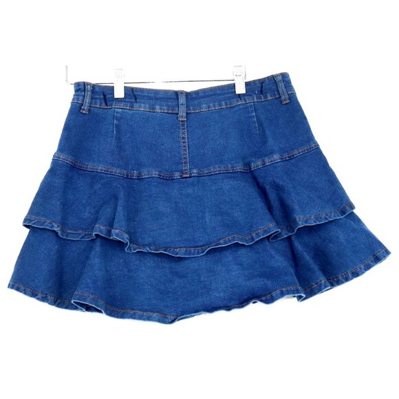 Denim Tiered Ruffle Mini Skirt Layered Blue Jean Y2K Elevated Indie - Picture 2 of 9